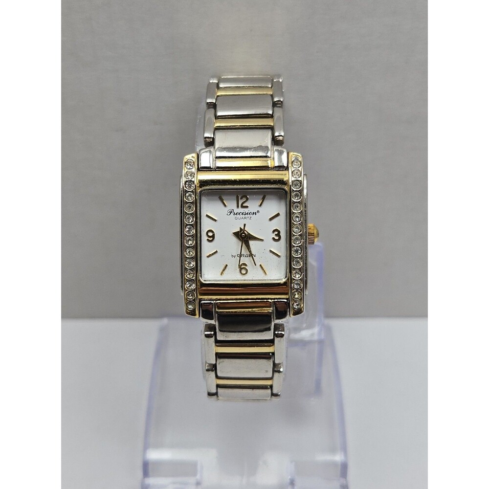 Gruen Precision Womens Two Tone Crystals Tank Quartz Dress Watch New Battery